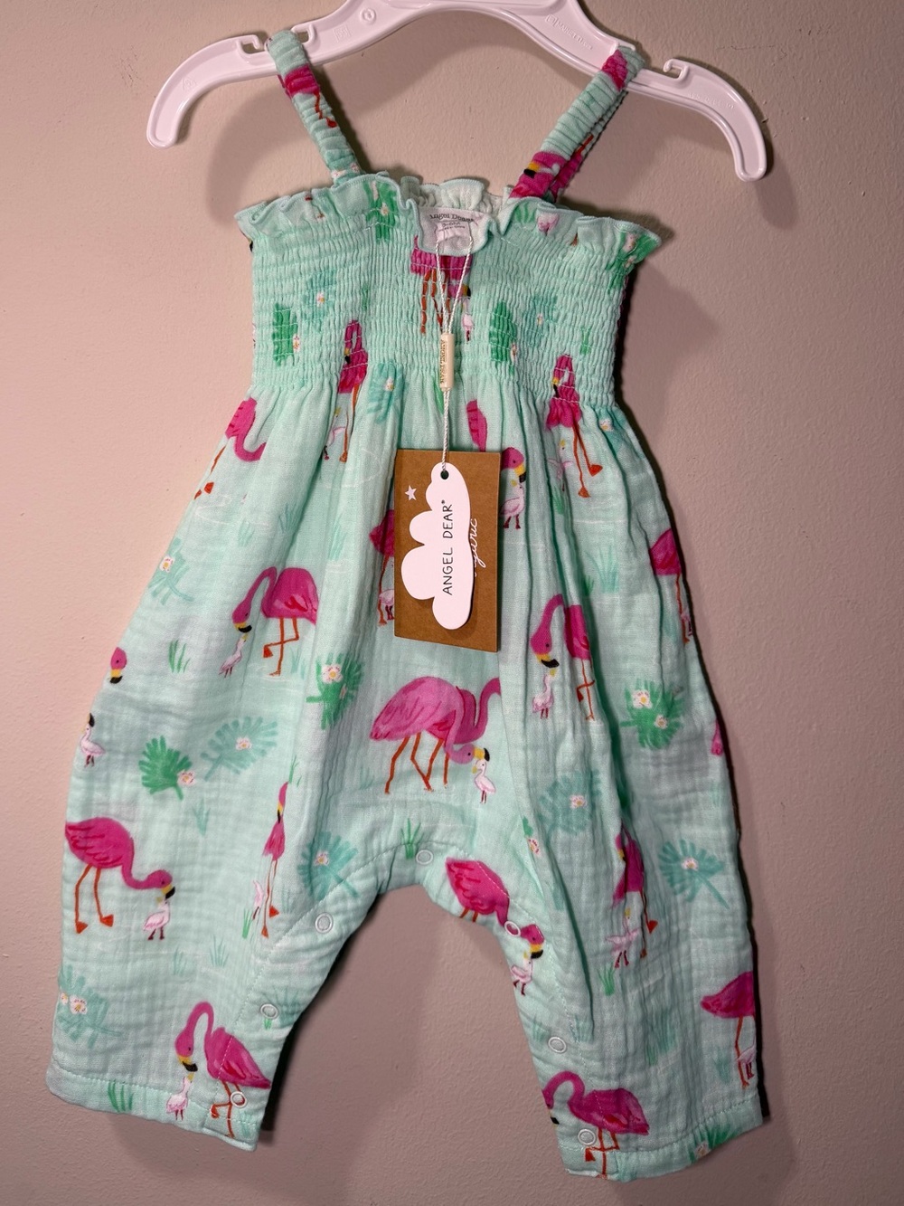 NEW W TAGS Angel Dear Mint Flamingo Smocked Organic Cotton Romper